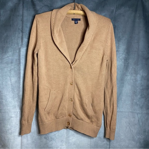 Tommy Hilfiger Shawl Collar Knit Beige Cardigan Button Up Sweater M Preppy - Picture 1 of 6